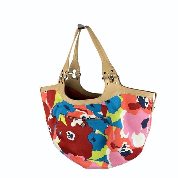 Cole Haan Megan Pop Art Floral Canvas to Coral Nylon Reversible Bucket Tote Bag - Picture 1 of 15